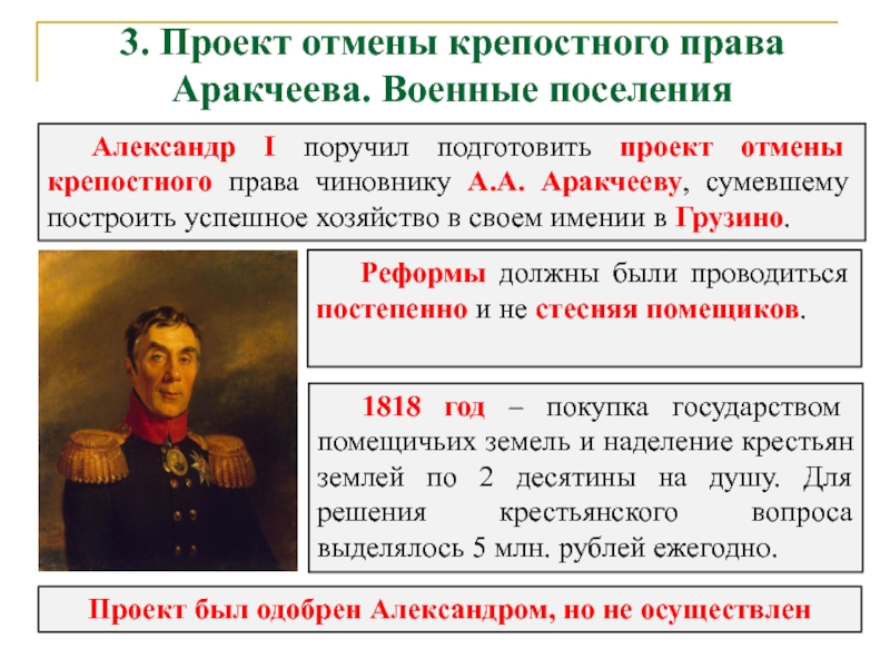 Разработка проектов отмены крепостного. Реформы Аракчеева при Александре 1. Александр 1 военные поселения Аракчеева. Проект Аракчеева об отмене крепостного права. 1818 Г проект а а Аракчеева.