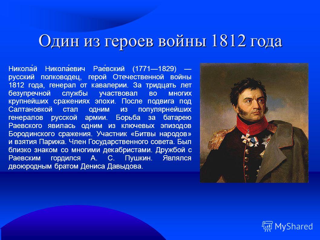 Герои отечественной войны 1812 года кратко биография
