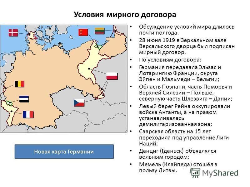 Версальский мирный договор суть договора. Условия Версальского мирного договора. Мирный договор с Германией 1919. Условия Версальского мирного договора для Германии кратко. Карта Германии после Версальского договора.