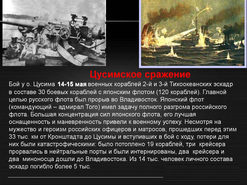 Поражение в морском бою. Цусимское сражение (14 - 15.05.1905). 1904 Цусимское сражение.